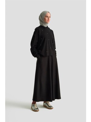 Armine Taşlı Kapüşonlu Sweat 25KD4031 Siyah