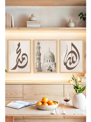 🕌 Muhammed - Mescid - Allah Yazılı 3’lü Islami Tablo Seti 🌙(Çerçeve Efektli)🌟 CRVS1230 30 x 40