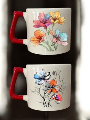 Çiçekler Çizimi Baskılı 2'li Kahve Bardağı Seramik Kupa - Seramik Çay, Kahve Hediyelik Bardağı