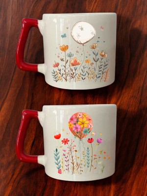 Balonlar Çiçekler Baskılı 2'li Kahve Bardağı Seramik Kupa - Seramik Çay, Kahve Hediyelik Bardağı