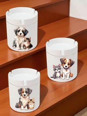 Sevimli Kedi Köpek Temalı 3'lü Küllük Modelleri - Kokusuz Küllükler, Seramik Kül Tablası