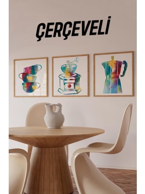 🏷️ 🎨 Renkli Kahve Temalı 3’lü Tablo Seti | Suluboya Stil | Uv Baskı – Mdf – Ahşap Çerçeve KR4048 23 x 23
