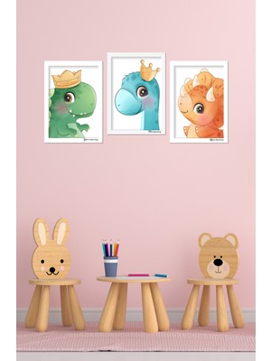 Dekorize Mdf 3 Parça Çerçeve Görünümlü Sevimli Dinazorlar 30 x 40