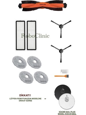 Roboclinic Xiaomi Robot Vacuum S20+ / S20 Plus Robot Süpürge Uyumlu Yedek Fırça, Hepa Filtre, Mop - 11 Parça