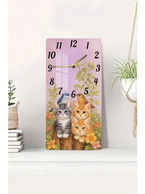 Sevimli Kedi ve Kuş Temalı Temperli Cam Tablo Saat – 30X60 cm | Hd Uv Baskı– CUSD153