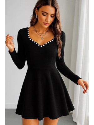 Kadın Uzun Kollu Inci Yakalı Kısa Ithal Krep Elbise