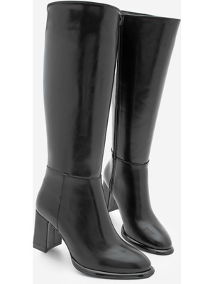 Marjin Kadın Fermuarlı Kalın Topuklu Çizme Lovet Siyah