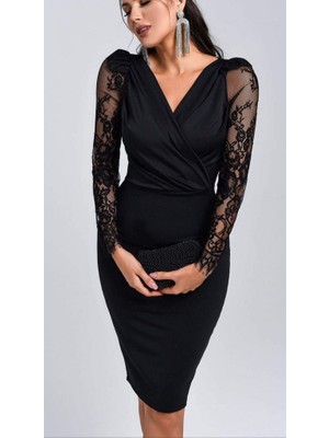 Aesco Kadın Uzun Kollu Kruvaze Yaka Kollar Tül Detay Krep Mini Boy Elbise