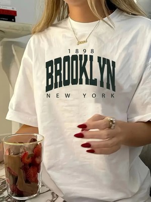 Aesco Baskılı Oversize Bisiklet Yaka T-Shirt - Beyaz