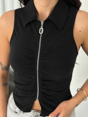 Aesco Yakalı Tam Fermuarlı Kolsuz Bluz - Siyah