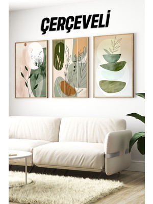 🌿 Modern Yeşil Tonlarında Soyut Bitkiler 3'lü Çerçeveli Tablo Seti CRV1043 23 x 32