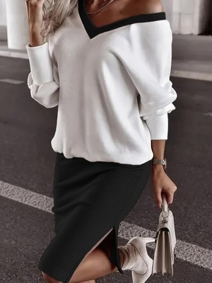 Aesco Kadın Uzun Kollu V Yakalı Viskon Iki Iplik Bluz ve Mini Etek Ikili Takım