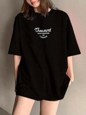 Aesco Thousand Baskılı Oversize Bisiklet Yaka T-Shirt - Siyah