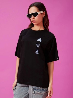 Aesco Baskılı Oversize T-Shirt - Siyah