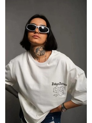 Aesco Unisex Bisiklet Yaka Baskılı Oversize T-Shirt - Beyaz