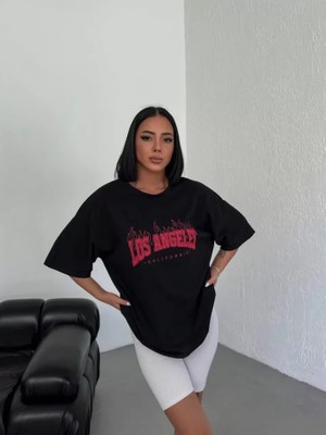Aesco Unisex Bisiklet Yaka Baskılı Oversize T-Shirt - Siyah