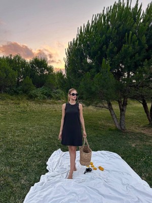 Aesco Kadın Keten Kumaş Kolsuz Mini Boy Elbise