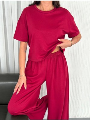 Aesco Osy Modal Yumuşak Dokulu Kumaş Bisiklet Yaka T-Shirt Bol Paça Pantalon Ikili Takım -Bordo