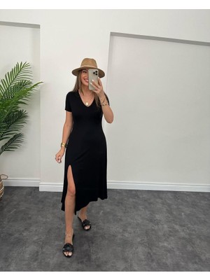 Aesco Kadın Kısa Kollu V Yaka Maxi Boy Elbise 124 cm