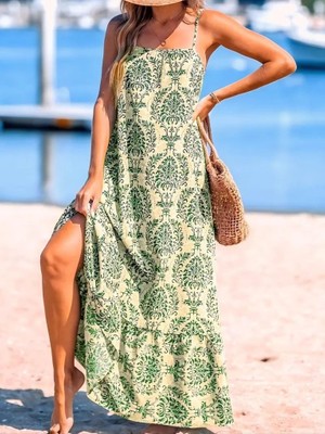 Aesco Kadın Ip Askılı Desenli Fırfırlı Süprem Elbise