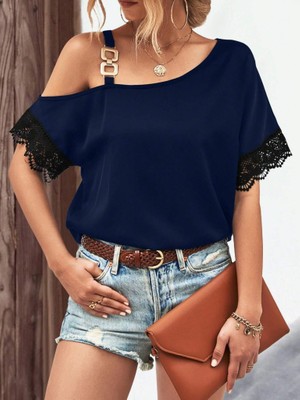 Aesco Kadın Tek Omuzu Askılı Kısa Kollu Toka Detaylı Dantelli Viskon Bluz