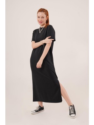Aesco Yırtmaç Detaylı Kısa Kollu Salaş Maxi Siyah Elbise