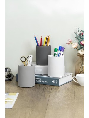 Dekoratif Beton Kalemlik 3’lü Set | Minimalist Organizer, Vazo, Saksı ve Diş Fırçalık