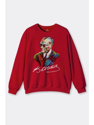 Karizma Gözlüklü Gazi Mustafa Kemal Atatürk Portresi Ata Baskılı Kırmızı Sweatshirt