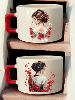 Çiçekler ve Kadın Baskılı 2'li Kahve Fincanı Seramik Kupa - Seramik Çay, Kahve Hediyelik