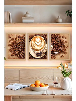 ☕ Dekorasyona Sıcak Bir Dokunuş Katın – Kahve Temalı 3'lü Çerçeve Görünümlü Tablo Seti CRVS1008 30 x 40