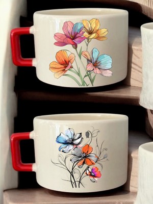 Muhteşem Çiçekler Baskılı 2'li Kahve Fincanı Seramik Kupa - Seramik Çay, Kahve Hediyelik