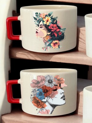 Çiçek Saçlı Kadın Baskılı 2'li Kahve Fincanı Seramik Kupa - Seramik Çay, Kahve Hediyelik
