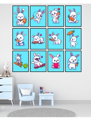 Dekorize Mdf Tablo Seti 12 Parça 3 mm - Tavşanlar Çocuk Odası Için Duvar Dekoru 13 x 17