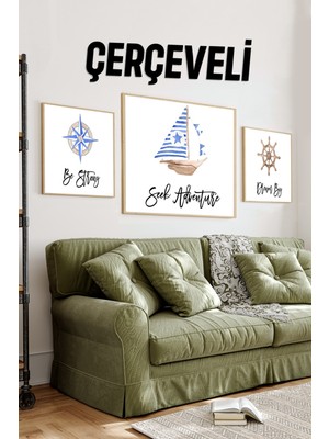 ⛵ Seek Adventure Temalı Pusula - Yelkenli - Dümen 3’lü Mdf Tablo Seti (23X23 cm & 42X42 Cm) 4242120 42 cm