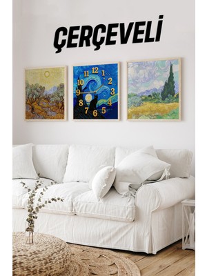 Van Gogh Esintili 3'lü Tablo Seti – Kedi Saatli Ahşap Çerçeveli Mdf Tasarım 23 x 23