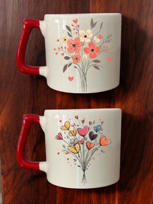 Kalp Çiçekler Baskılı 2'li Kahve Bardağı Seramik Kupa - Seramik Çay, Kahve Hediyelik Bardağı