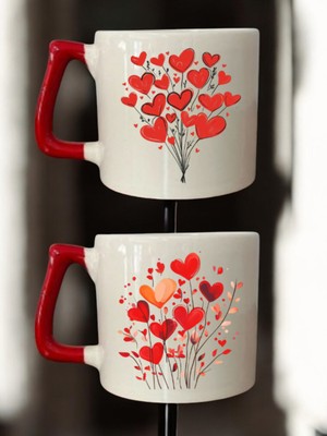 Kalp Çiçek Çizimi Baskılı 2'li Kahve Bardağı Seramik Kupa - Seramik Çay, Kahve Hediyelik Bardağı