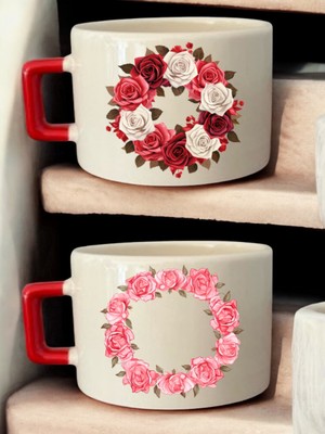 Çiçek Çemberi Baskılı 2'li Kahve Fincanı Seramik Kupa - Seramik Çay, Kahve Hediyelik