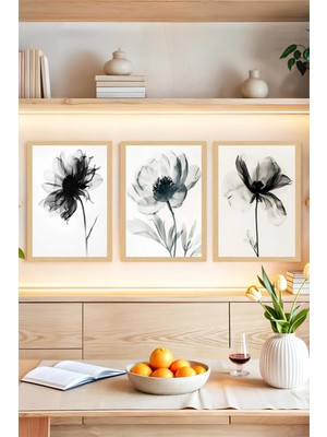 🖼️ Siyah Beyaz Çiçek Siluetli 3'lü Çerçeve Görünümlü Tablo Seti 🌟 CRVS1111 30 x 40