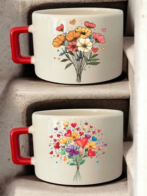 Kalpler Çiçekler Çizimi 2'li Kahve Fincanı Seramik Kupa - Seramik Çay, Kahve Hediyelik Bardağı