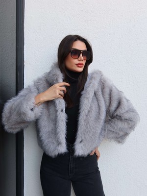 Esra Helvacı Çıtçıtlı Kapüşon Kürk Kadın Gri Uzun Kol Astarlı Polyester Kalın Kaban
