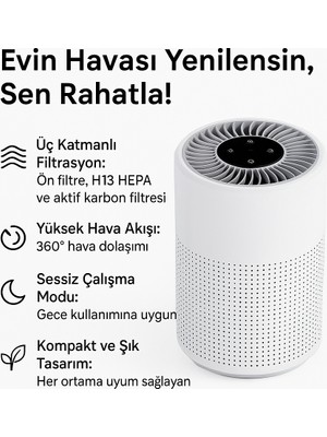 Üç Katmanlı H13 Hepa Filtreli Sessiz Kompakt Hava Temizleyici – Aktif Karbon Filtreli