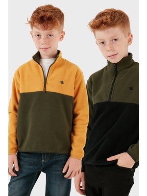 Lela Yumuşak Dokulu Yarım Fermuarlı Renk Bloklu Dik Yaka 2'li Paket Polar Çocuk Polar 5905004S2