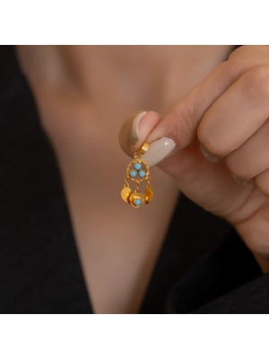 Bayar Gold 14 Ayar Altın Turkuaz Boncuklu Papatya Model El İşi Kolye Ucu