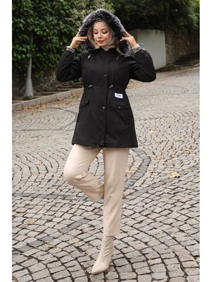 Kadın Fermuarlı Kapşonlu Mont Siyah 19270 Uzun Kol Gömlek Yaka Düz Desen ile Şık Seçim