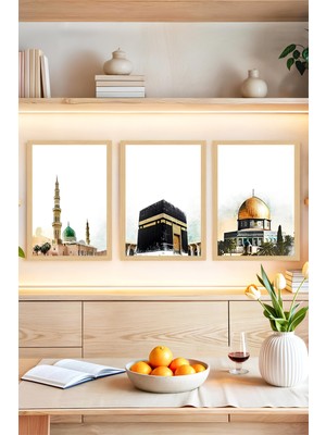 🕋 Üç Mescid Temalı Çerçeve Görünümlü Tablo Seti – Manevi Dokunuşlu Duvar Dekoru 🕌🕊️ CRVS1237 30 x 40