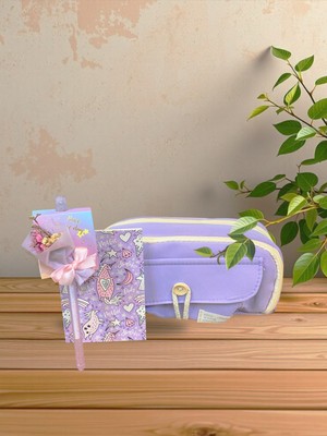 Düğmeli Mor Kalem Kutu, Unicorn Temalı Not Defteri, Kuru Çiçekli Tükenmez Kalem