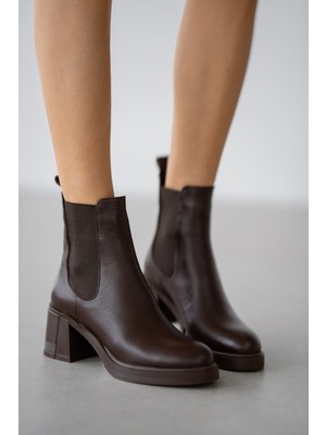 Caen Hakiki Deri Lastikli Kadın Bot- Kahverengi