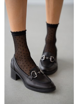 Elarisse Hakiki Deri Gümüş Aksesuar Detaylı Kadın Loafer- Siyah