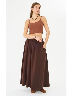 Gabardin Uzun Kloş Etek Kahve